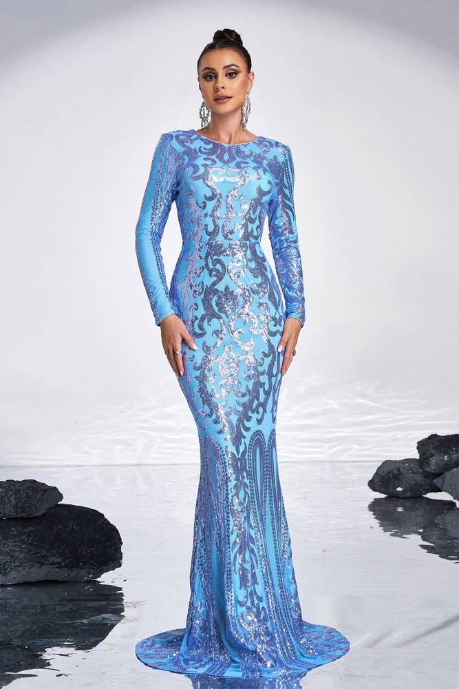 Pool Jewel Neck Mermaid Sequin Evening Dresses with Long Sleeves