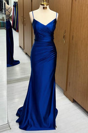 Royal Blue Spaghetti Straps Mermaid Long Evening Dresses V-Neck Satin