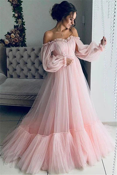 Pink Floor-Length Long Sleeves A-Line Tulle Party Dresses