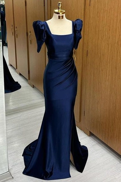 Sexy Square Neck Short Sleeves Mermaid Satin Prom Dresses with Slit