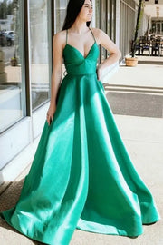 Emerald Spaghetti Straps A-Line Satin Formal Prom Dresses