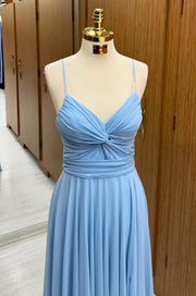 Blue V-Neck Floor-Length A-Line Prom Dresses with Ruffles