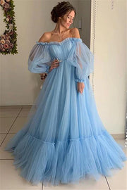 Blue Floor-Length Long Sleeves A-Line Tulle Party Dresses