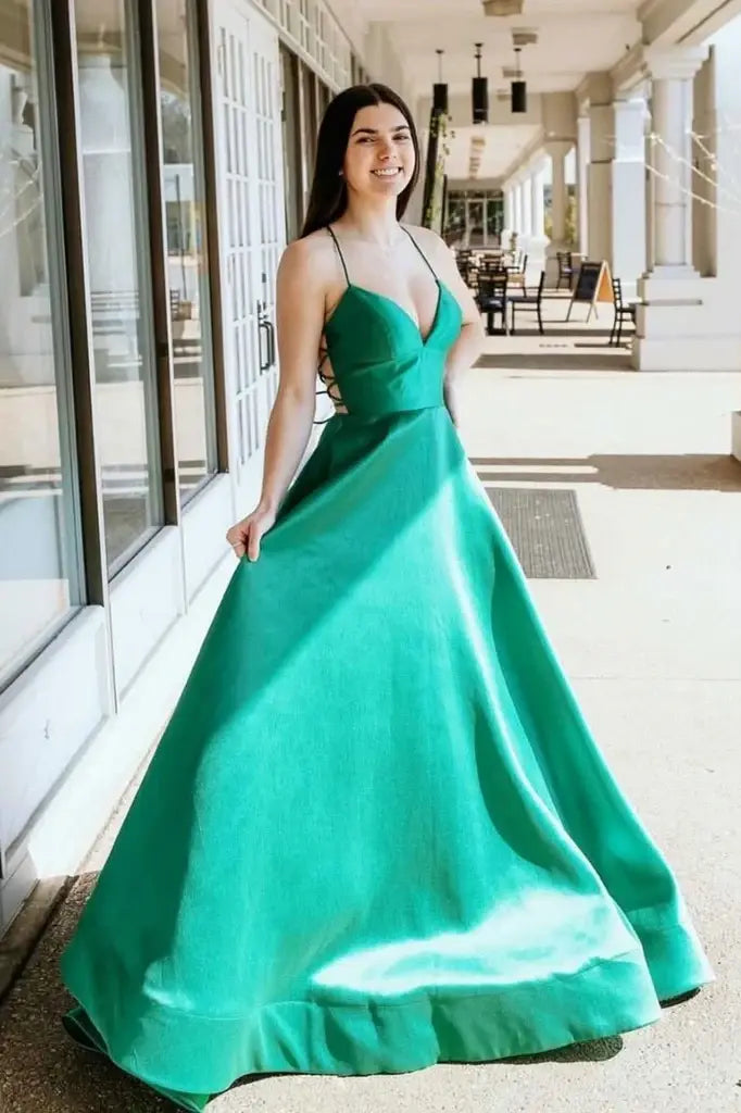 Emerald Spaghetti Straps A-Line Satin Formal Prom Dresses