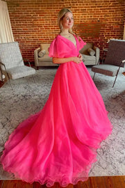 Fuchsia Elegant V-Neck Short Sleeves A-Line Long Tulle Prom Dresses