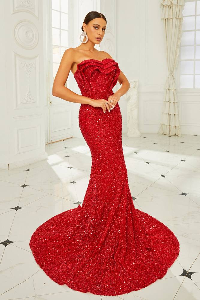 Red Sequined Mermaid Strapless Evening Dresses with Ruffles