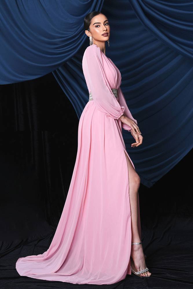 Pink Deep V-Neck Long Sleeves A-Line Chiffon Prom Dresses with Slit