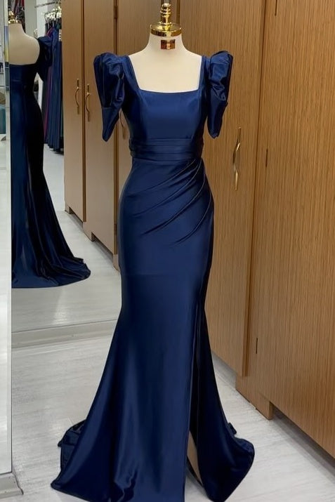 Sexy Square Neck Short Sleeves Mermaid Satin Prom Dresses with Slit