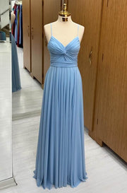 Blue V-Neck Floor-Length A-Line Prom Dresses with Ruffles