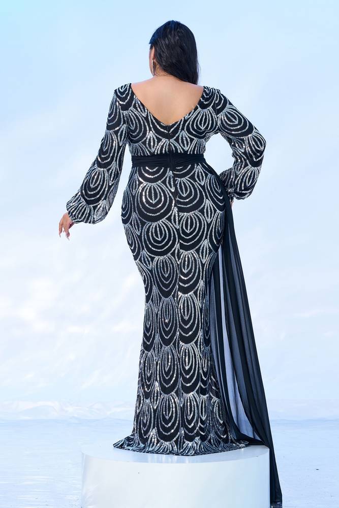 Sequined Mermaid V-Neck Backless Evening Dresses with Long Sleeves