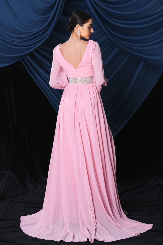 Pink Deep V-Neck Long Sleeves A-Line Chiffon Prom Dresses with Slit