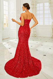 Red Sequined Mermaid Strapless Evening Dresses with Ruffles