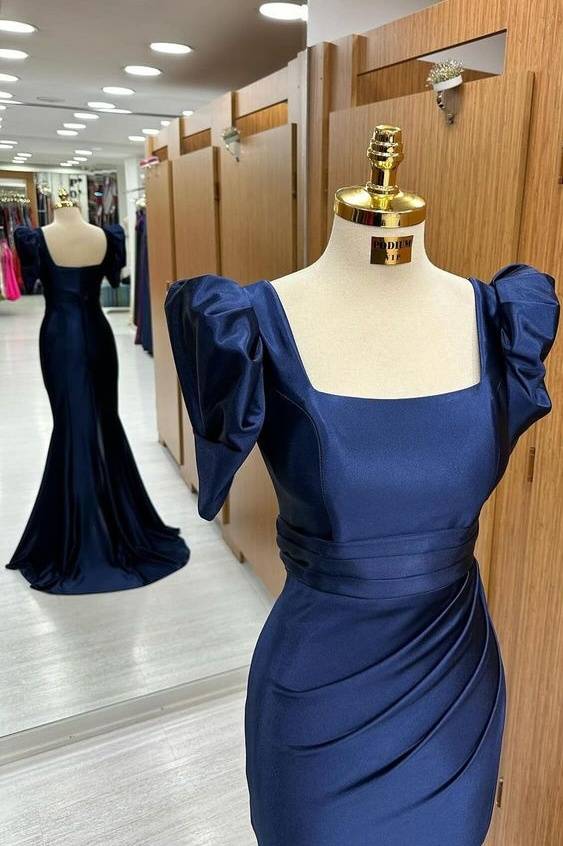 Sexy Square Neck Short Sleeves Mermaid Satin Prom Dresses with Slit