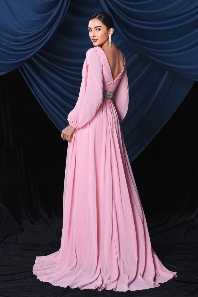 Pink Deep V-Neck Long Sleeves A-Line Chiffon Prom Dresses with Slit