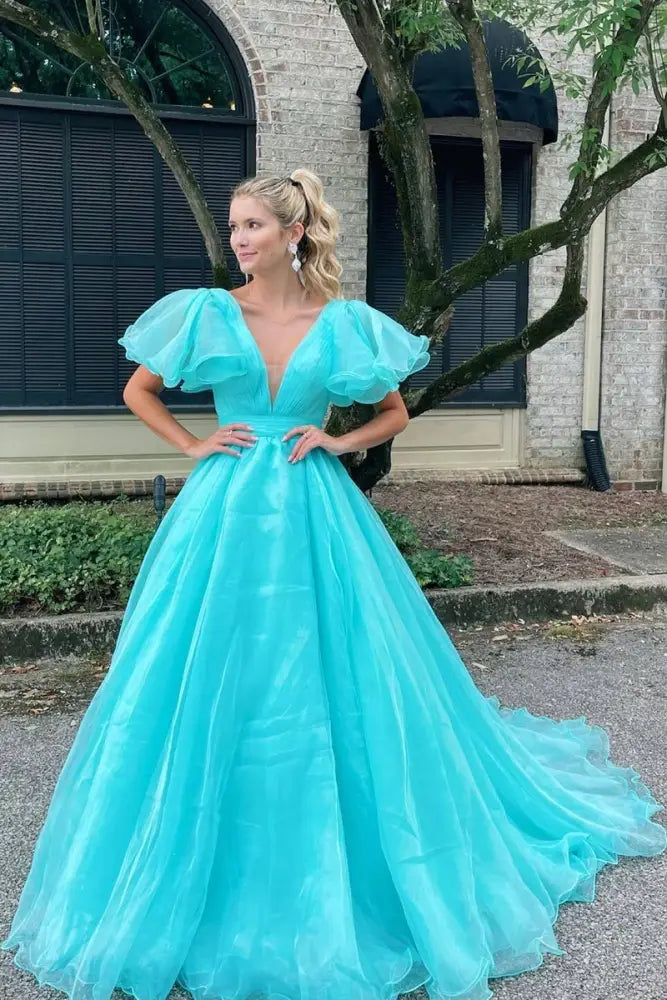 Elegant V-Neck Short Sleeves A-Line Long Tulle Prom Dresses