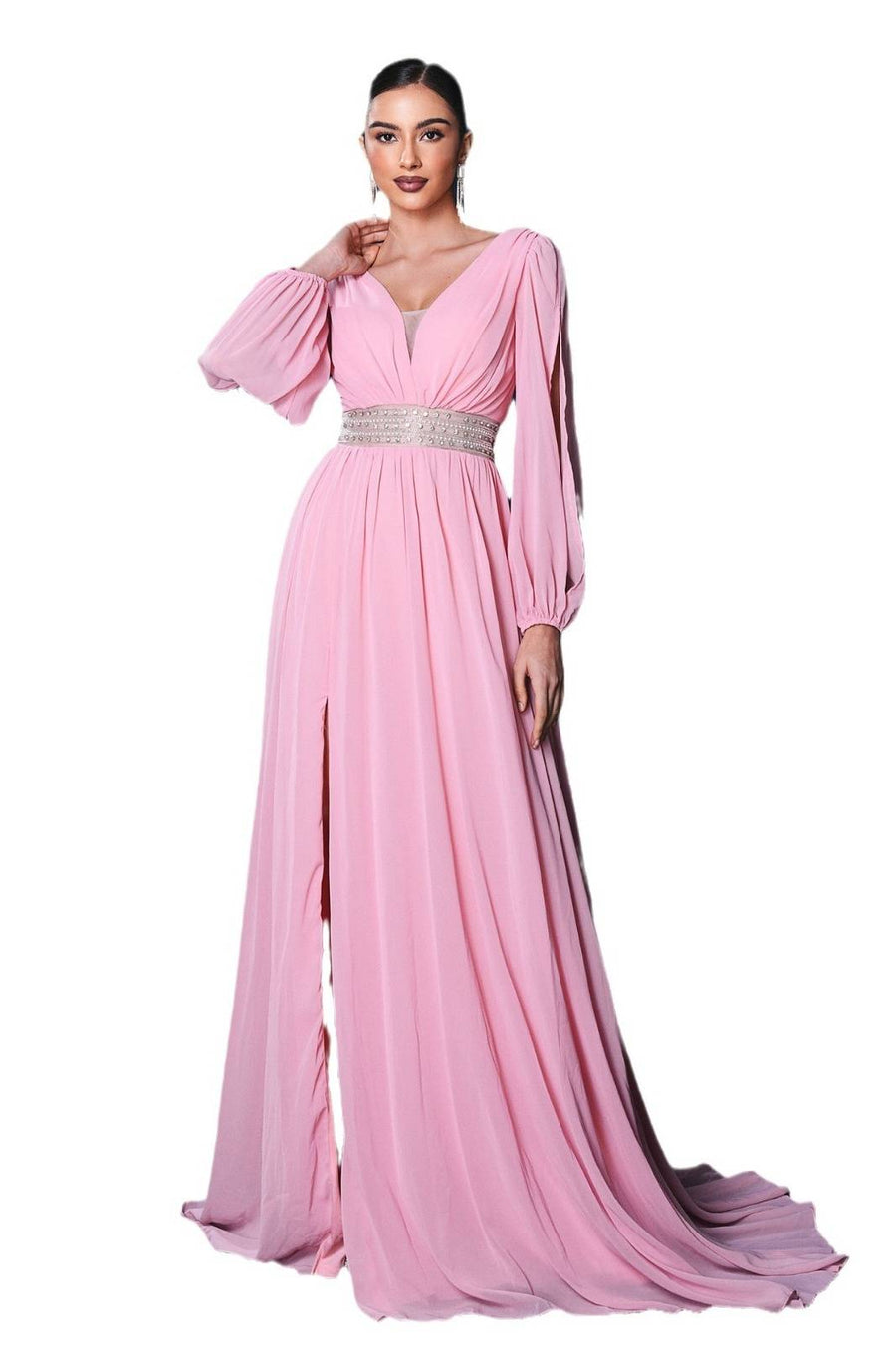 Pink Deep V-Neck Long Sleeves A-Line Chiffon Prom Dresses with Slit