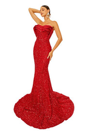 Red Sequined Mermaid Strapless Evening Dresses with Ruffles