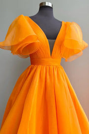 Orange Elegant V-Neck Short Sleeves A-Line Long Tulle Prom Dresses