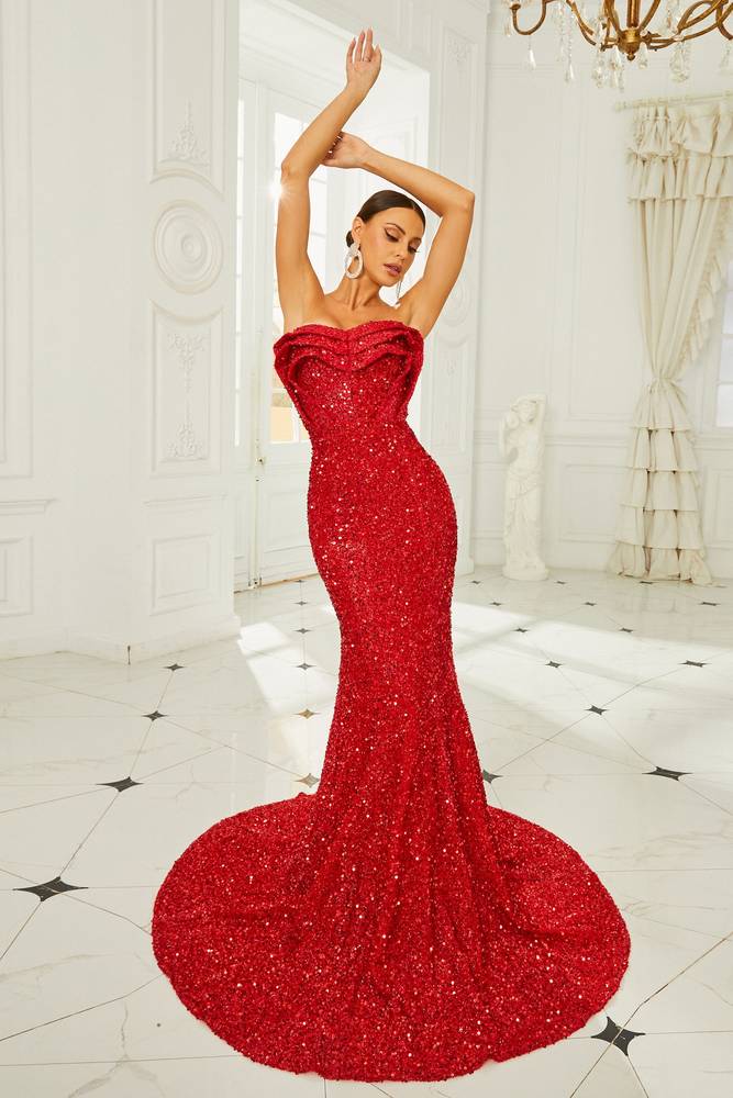 Red Sequined Mermaid Strapless Evening Dresses with Ruffles