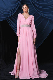 Pink Deep V-Neck Long Sleeves A-Line Chiffon Prom Dresses with Slit