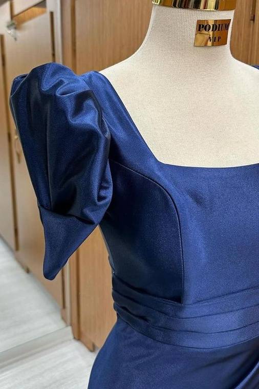 Sexy Square Neck Short Sleeves Mermaid Satin Prom Dresses with Slit