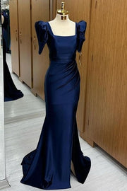 Sexy Square Neck Short Sleeves Mermaid Satin Prom Dresses with Slit