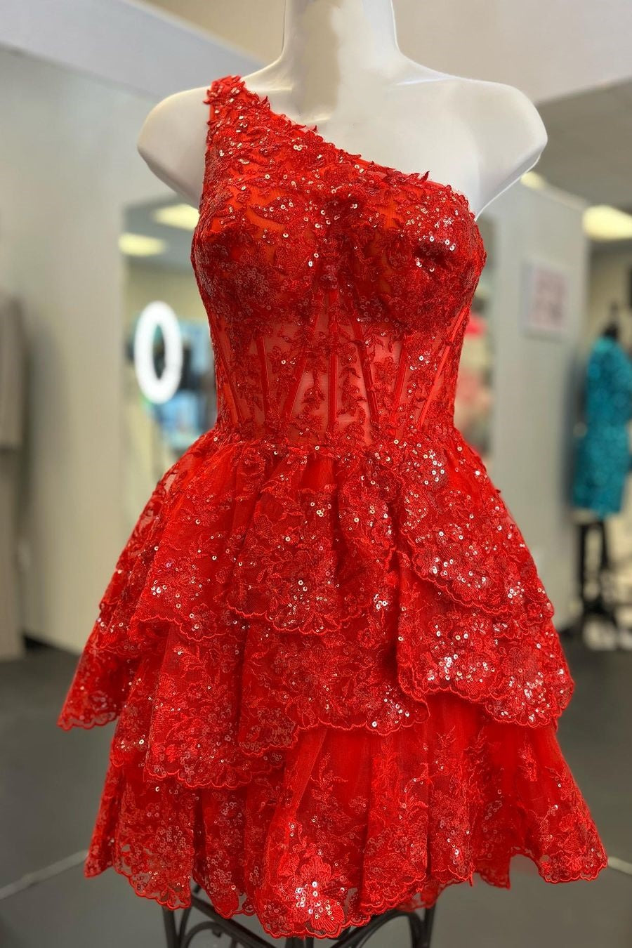 Red One-Shoulder Tiered Sequined Lace Short Homecoming Dresses