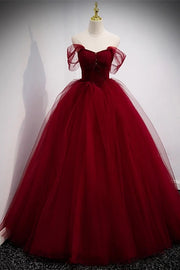 Burgundy Off-The-Shoulder A-Line Tulle Party Dresses