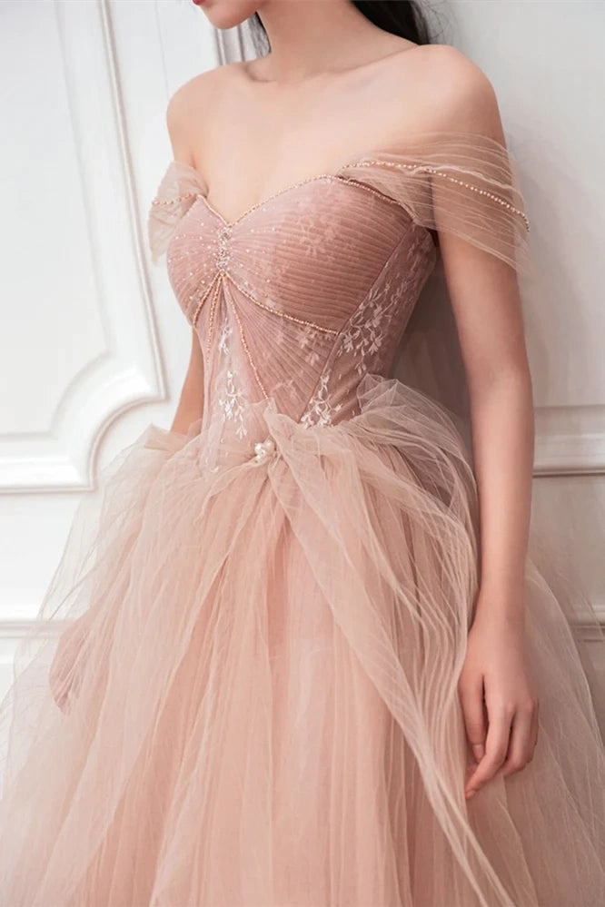 Dusty Rose Off-The-Shoulder A-Line Tulle Party Dresses