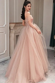 Dusty Rose Off-The-Shoulder A-Line Tulle Party Dresses