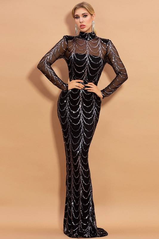 Black High Neck Mermaid Sequin Evening Dresses with Long Sleeves