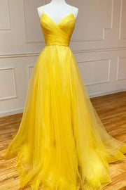 Yellow Long A-Line Tulle Spaghetti Straps Formal Prom Dresses