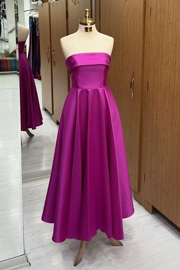 Elegant Strapless A-Line Satin Prom Dresses with Ruffles