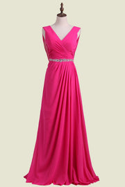 Fuchsia V-Neck A-Line Chiffon Long Bridesmaid Dresses with Open Back