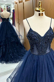 Stylish V-Neck Spaghetti Straps Sleeveless A-Line Tulle Prom Dresses with Beading