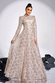 High Neck Long Sleeves A-Line Sequin Evening Dresses