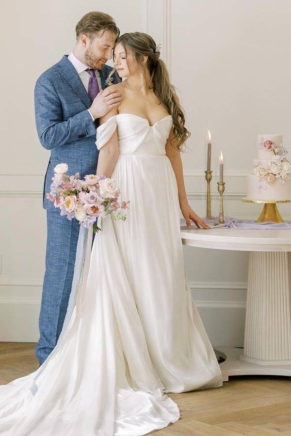 Elegant Off-The-Shoulder A-Line Satin Wedding Dresses with Cathedral Train