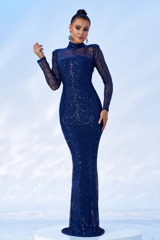 Royal Blue High Neck Mermaid Sequin Evening Dresses with Long Sleeves