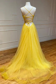 Yellow Long A-Line Tulle Spaghetti Straps Formal Prom Dresses