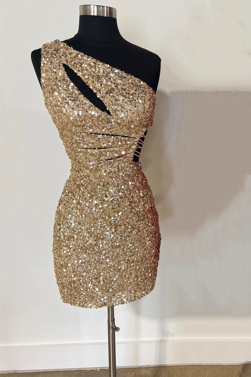 Gold Sequined One-Shoulder Sleeveless Short Sheath Homecoming Dresses