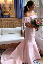 Blushing Pink Off-The-Shoulder Mermaid Satin Wedding Dresses with Chapel Train