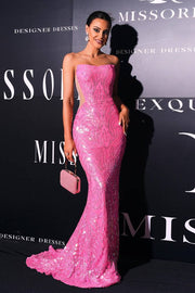 Fuchsia Sequined Strapless Mermaid Evening Prom Dresses