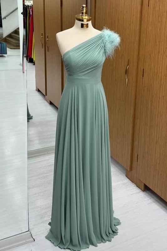 Feather One Shoulder Column Regular Green Prom Dress