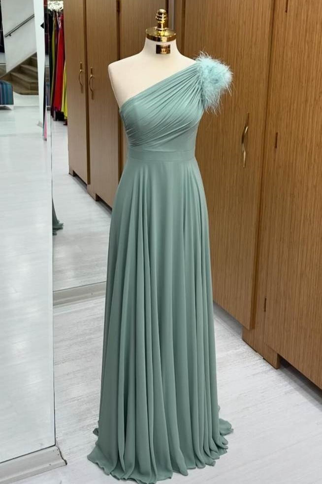 Elegant One-Shoulder A-Line Sweep Train Sleeveless Prom Dresses