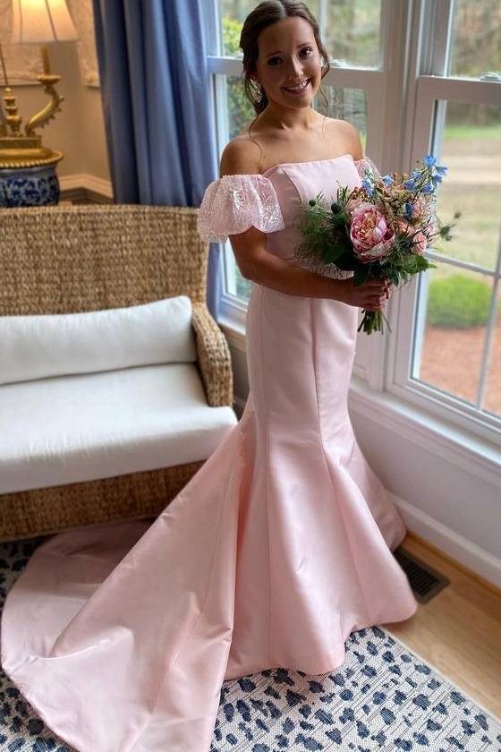 Blushing Pink Off-The-Shoulder Mermaid Satin Wedding Dresses with Chapel Train