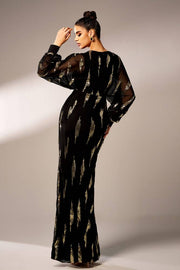 Black Floor-Length V-Neck Mermaid Sequin Evening Dresses with Slit