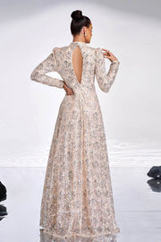 High Neck Long Sleeves A-Line Sequin Evening Dresses