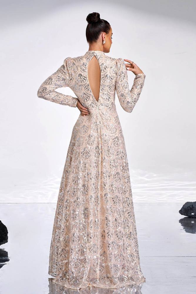 High Neck Long Sleeves A-Line Sequin Evening Dresses