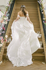 Elegant Off-The-Shoulder A-Line Satin Wedding Dresses with Cathedral Train