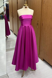 Elegant Strapless A-Line Satin Prom Dresses with Ruffles